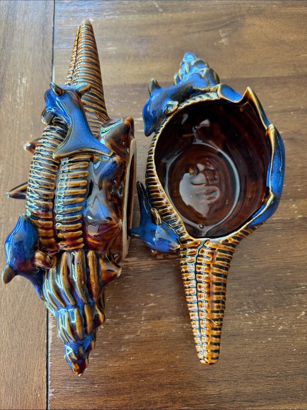 Vtg Blue Glazed Ceramic Pottery Conch Shell With Dolphins In Surf Planter set  2